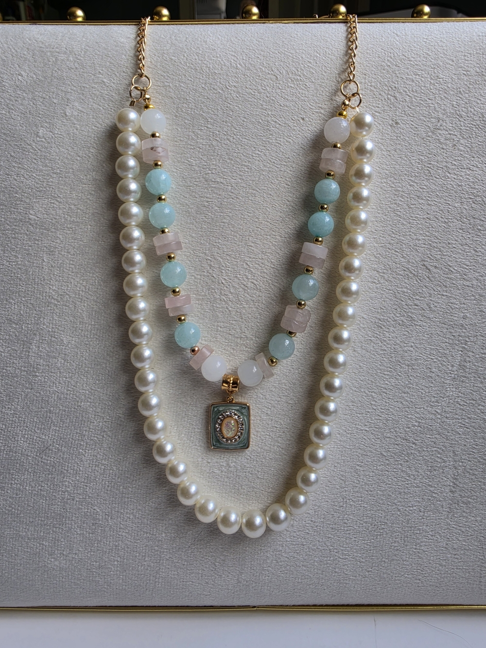 Elegant Mint & Pearl Layered Necklace with Pendant - Picture 4 of 6